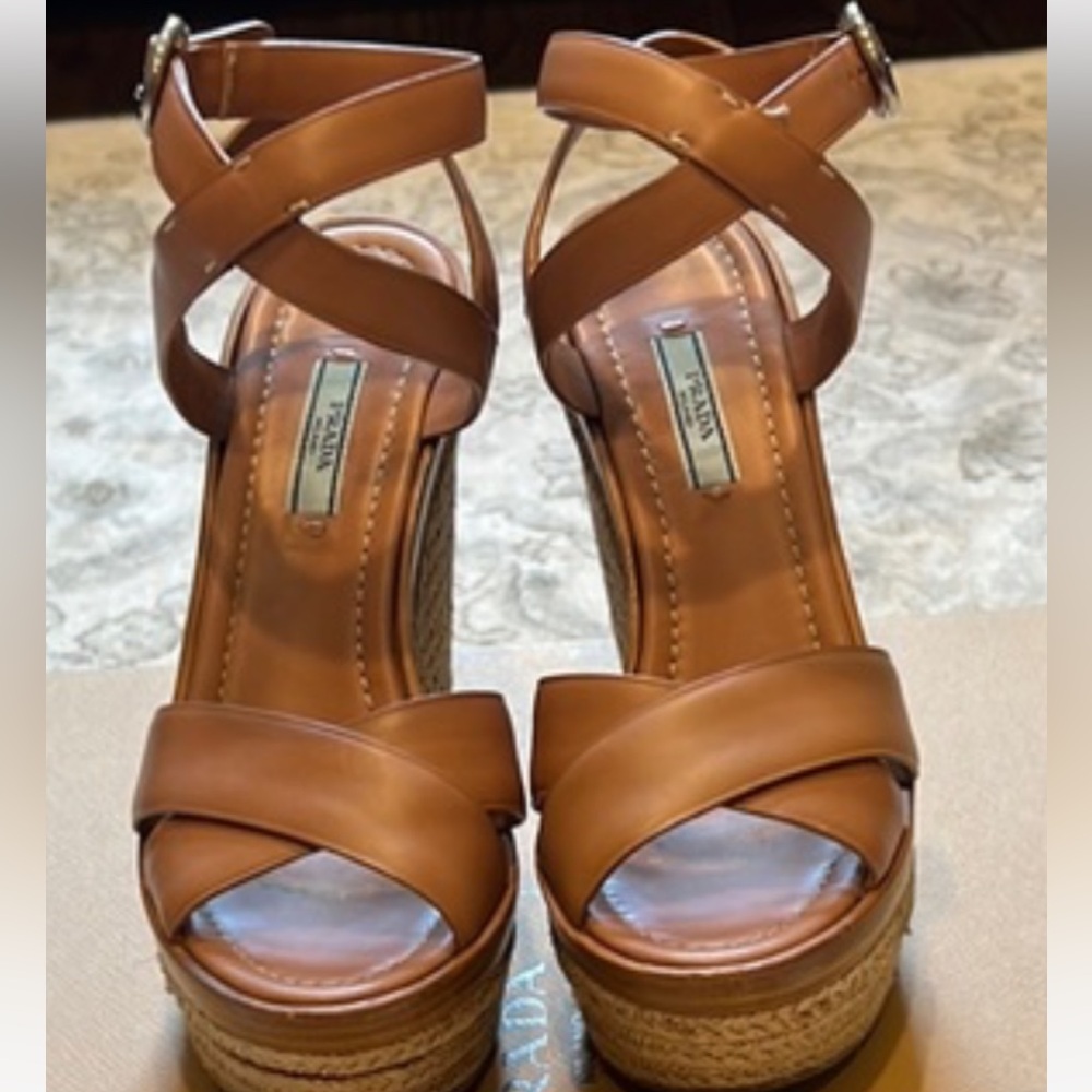 Prada Tan Leather Platform Wedge Sandals